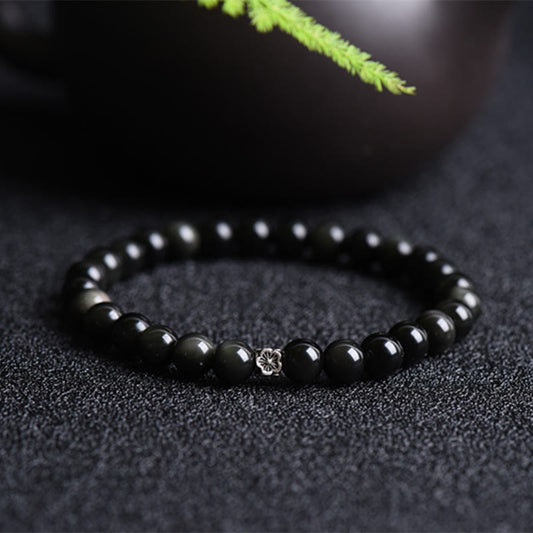 Pulsera de purificación con diseño de flores de plata de ley 925 con cuentas de obsidiana negra Mythstone