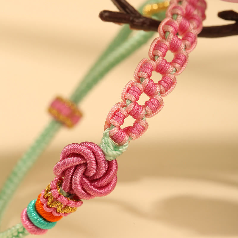 Mythstone Handmade Pink Green Peach Blossom Knot Braided Bracelet