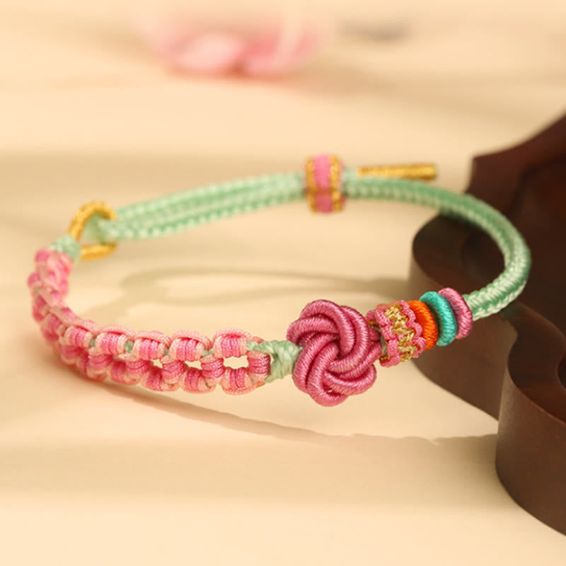 Mythstone Handmade Pink Green Peach Blossom Knot Braided Bracelet