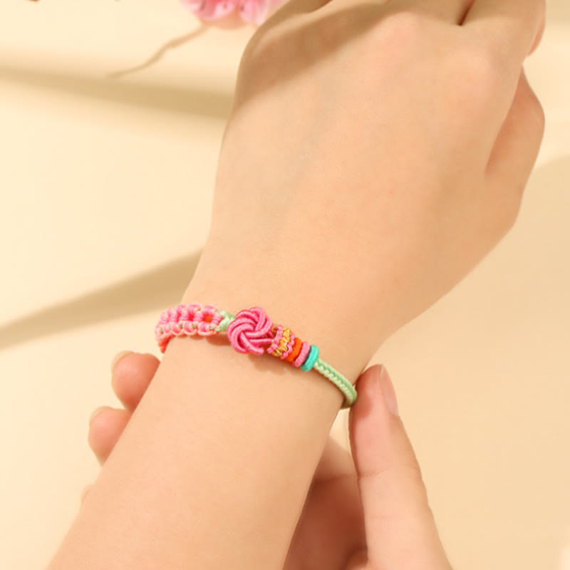 Mythstone Handmade Pink Green Peach Blossom Knot Braided Bracelet