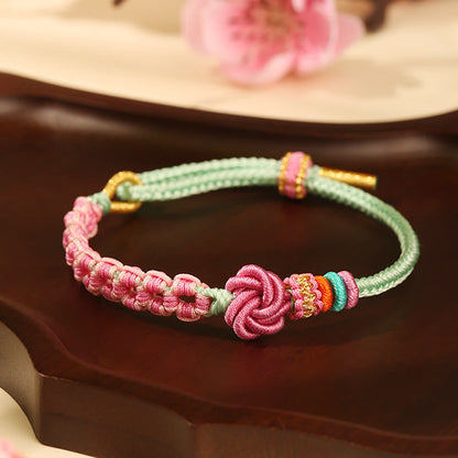 Mythstone Handmade Pink Green Peach Blossom Knot Braided Bracelet