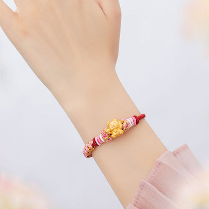 Mythstone Handmade 999 Sterling Silver Fortune Cat Ingot Peach Blossom Luck Red Rope Bracelet