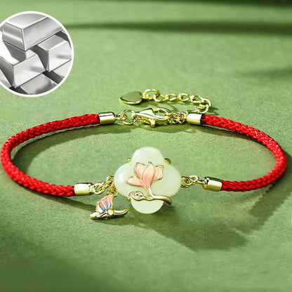 Mythstone 925 Sterling Silver Hetian Jade Magnolia Flower Butterfly Luck Chain Bracelet