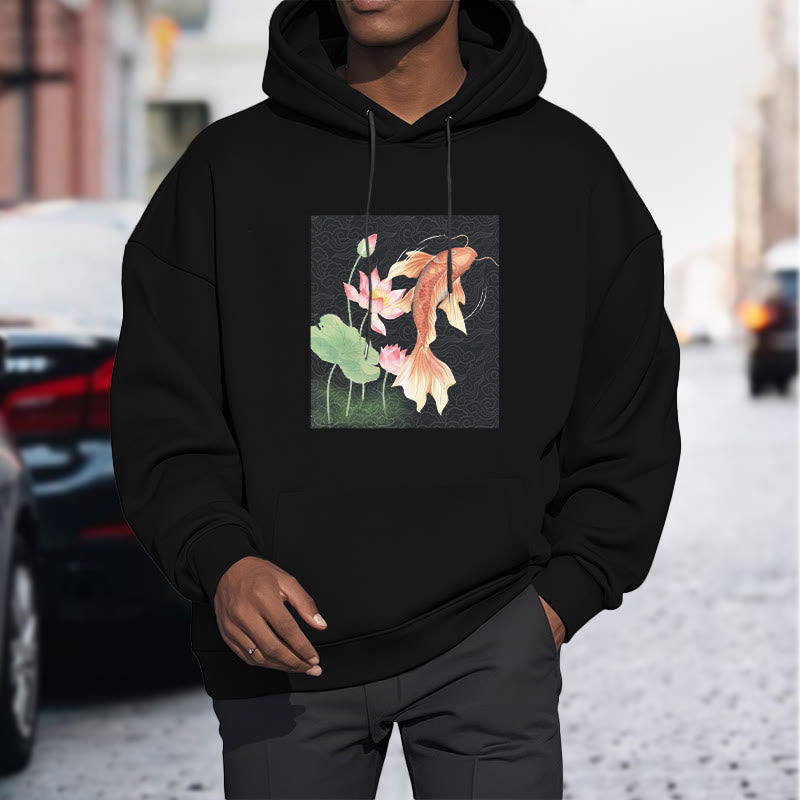 Sudadera con capucha y forro polar con diseño de pez koi y loto de Mythstone 