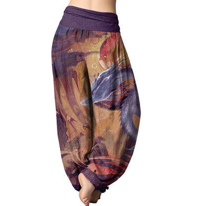 Mythstone Dragon Auspicious Clouds Pattern Women's Elastic Waist Harem Pants