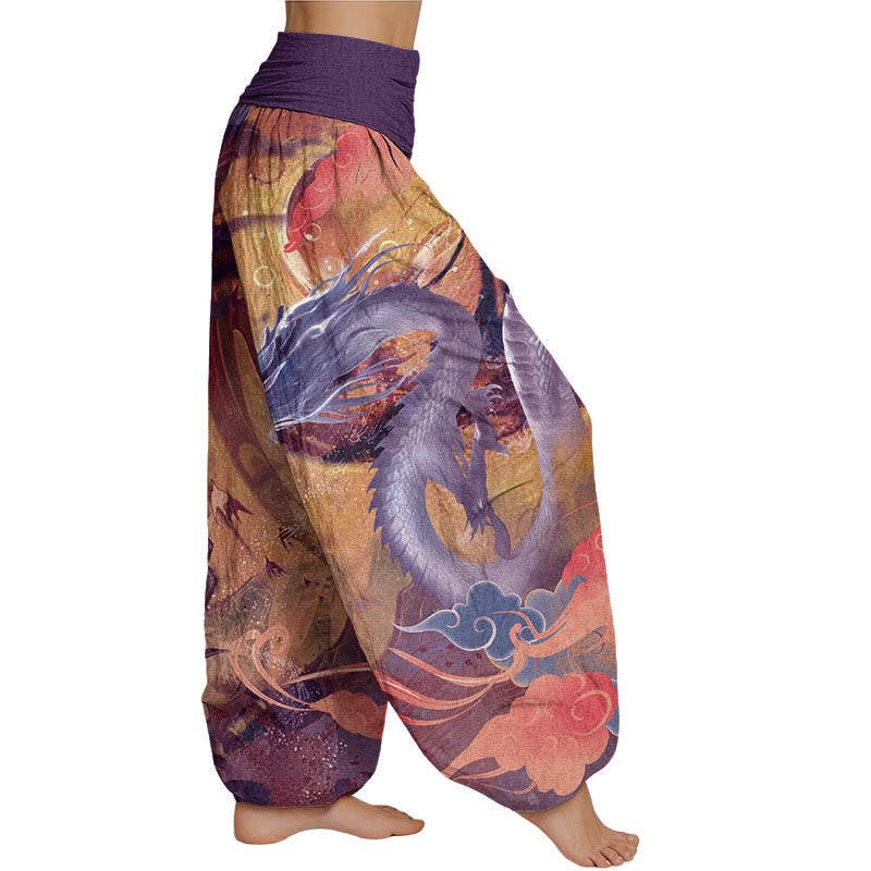 Mythstone Dragon Auspicious Clouds Pattern Women's Elastic Waist Harem Pants