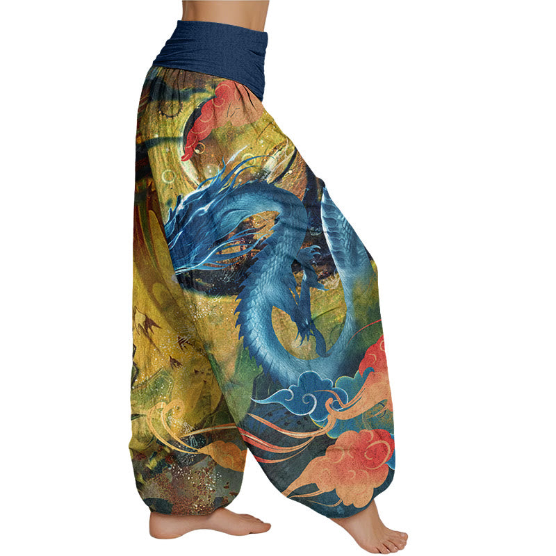 Mythstone Dragon Auspicious Clouds Pattern Women's Elastic Waist Harem Pants