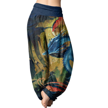 Mythstone Dragon Auspicious Clouds Pattern Women's Elastic Waist Harem Pants