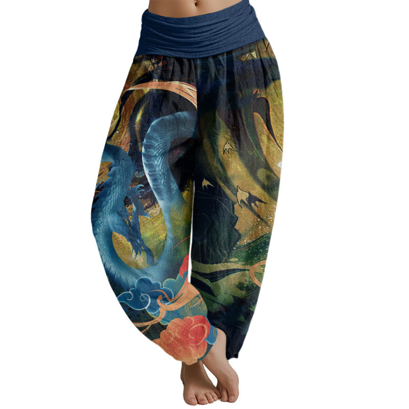 Mythstone Dragon Auspicious Clouds Pattern Women's Elastic Waist Harem Pants