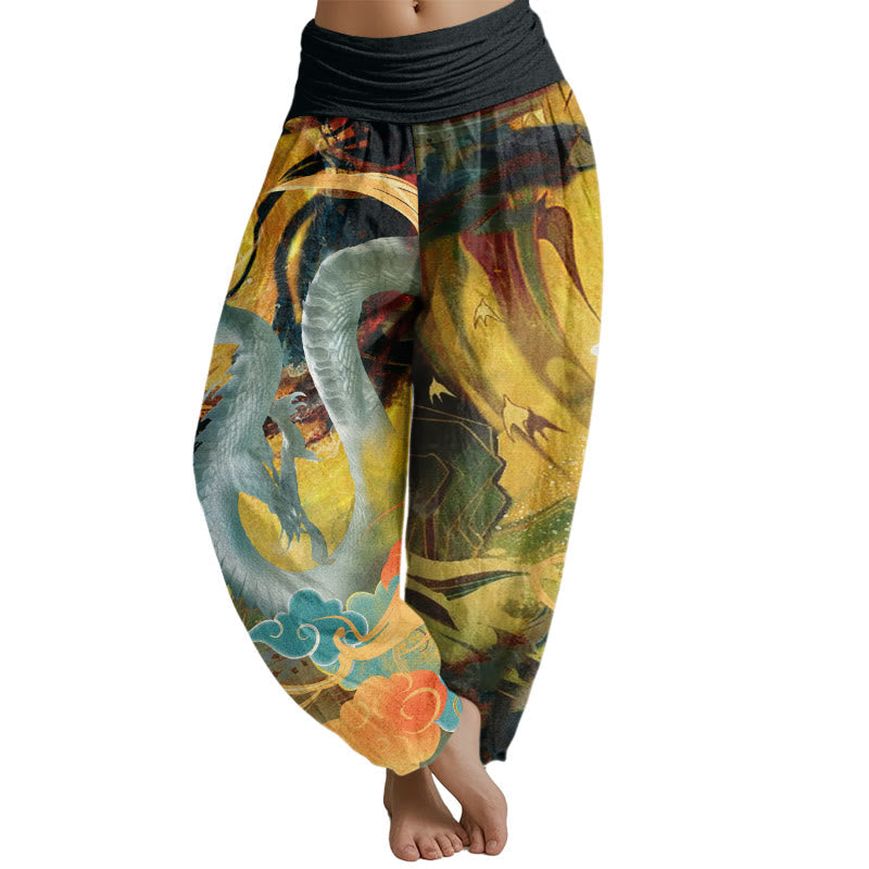 Mythstone Dragon Auspicious Clouds Pattern Women's Elastic Waist Harem Pants