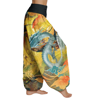 Mythstone Dragon Auspicious Clouds Pattern Women's Elastic Waist Harem Pants