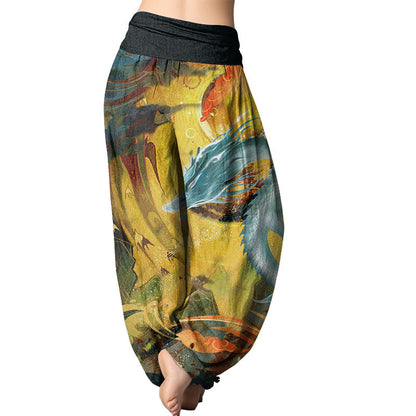 Mythstone Dragon Auspicious Clouds Pattern Women's Elastic Waist Harem Pants