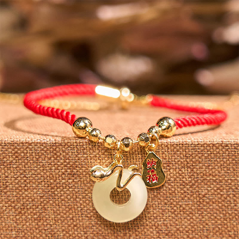 Mythstone Copper Plated Gold Jade Peace Buckle Fu Character Year Of The Snake Red String Luck Bracelet