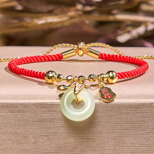 Mythstone Copper Plated Gold Jade Peace Buckle Fu Character Year Of The Snake Red String Luck Bracelet