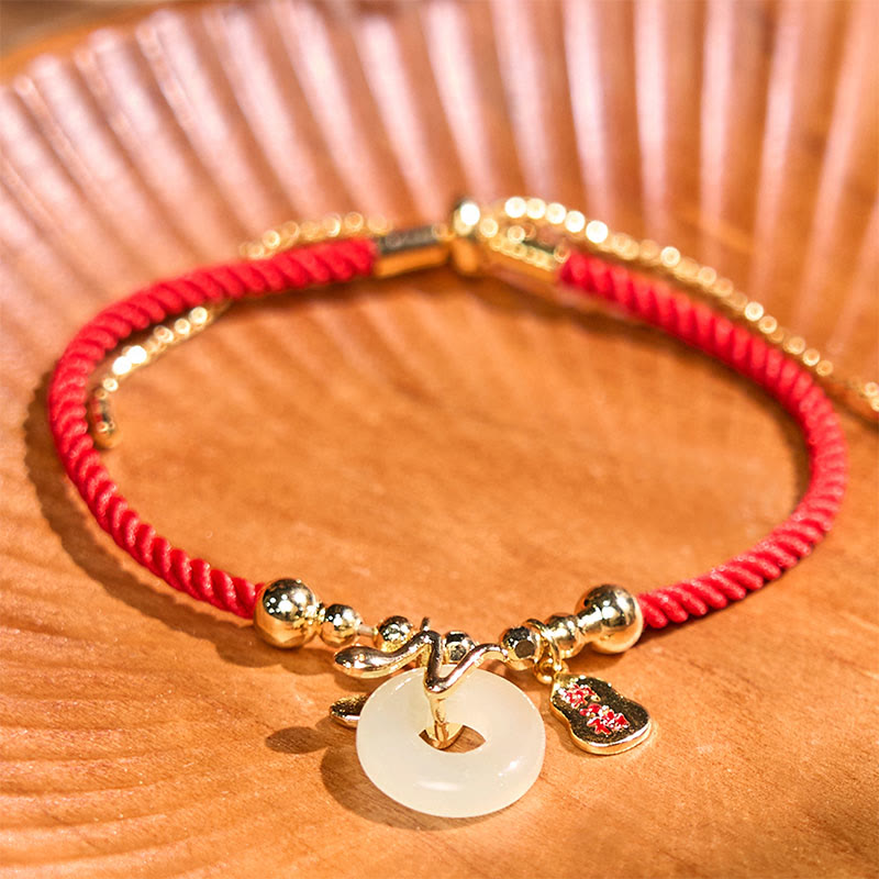 Mythstone Copper Plated Gold Jade Peace Buckle Fu Character Year Of The Snake Red String Luck Bracelet