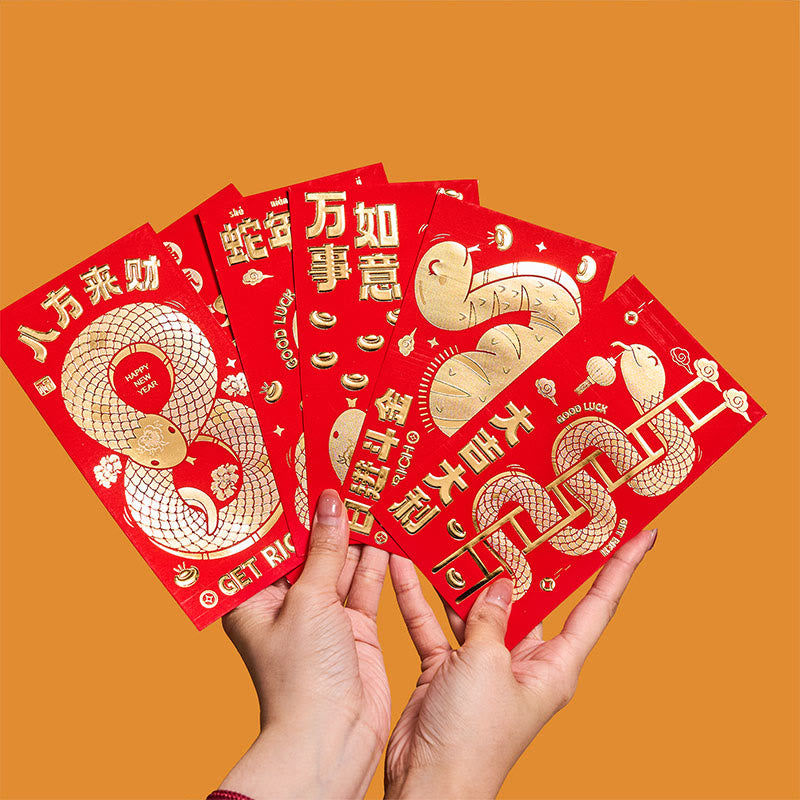 Mythstone 6Pcs Red Envelope Year Of The Snake Design Lucky Money Envelopes Good Luck 2025 Chinese New Year