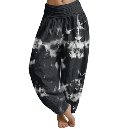 Pantalones harén con cintura elástica para mujer con estampado tie-dye de lunares y líneas blancas de Mythstone 