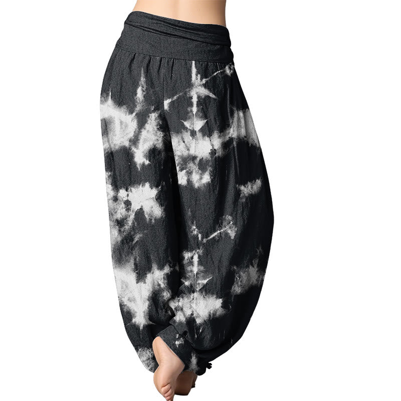 Pantalones harén con cintura elástica para mujer con estampado tie-dye de lunares y líneas blancas de Mythstone 