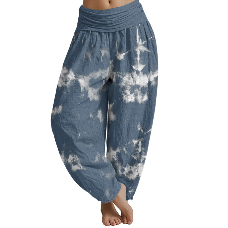 Pantalones harén con cintura elástica para mujer con estampado tie-dye de lunares y líneas blancas de Mythstone 