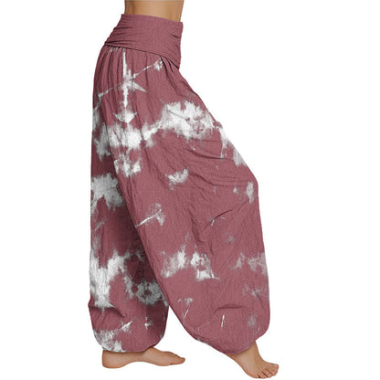 Pantalones harén con cintura elástica para mujer con estampado tie-dye de lunares y líneas blancas de Mythstone 