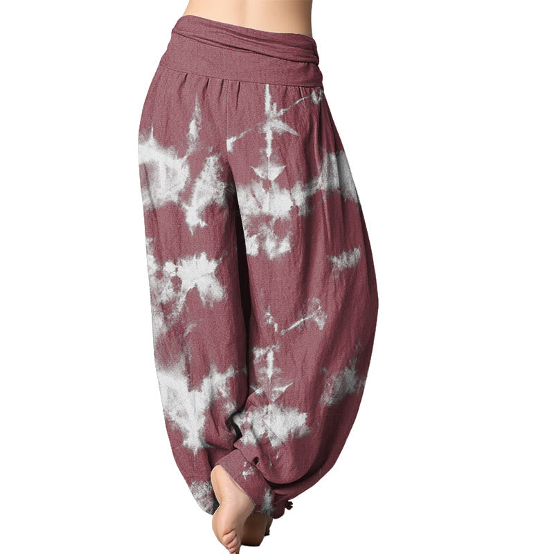 Pantalones harén con cintura elástica para mujer con estampado tie-dye de lunares y líneas blancas de Mythstone 