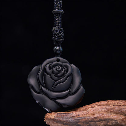 Mythstone Black Obsidian String Black Rose Purification Necklace Pendant