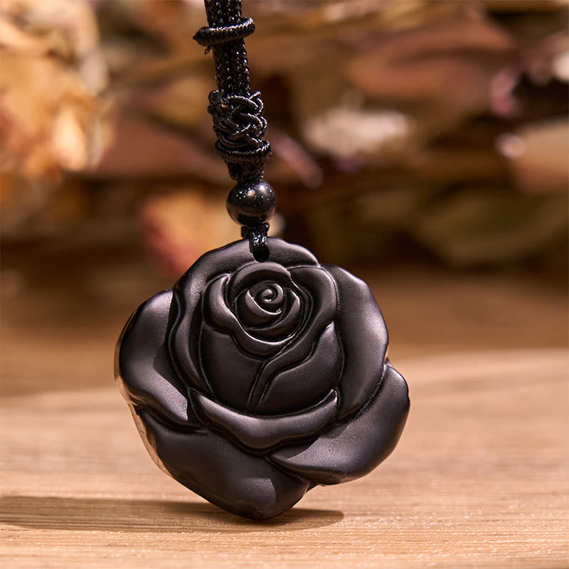 Mythstone Black Obsidian String Black Rose Purification Necklace Pendant