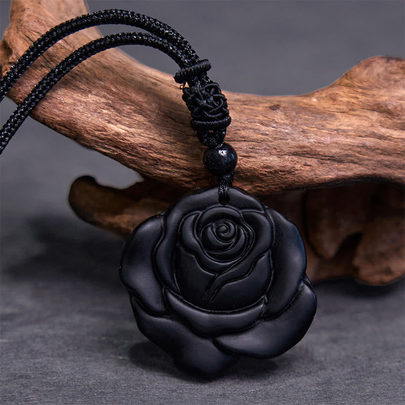 Mythstone Black Obsidian String Black Rose Purification Necklace Pendant