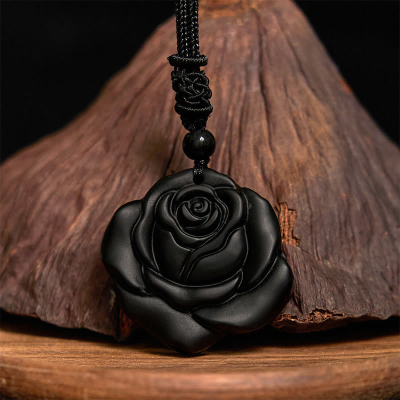 Mythstone Black Obsidian String Black Rose Purification Necklace Pendant