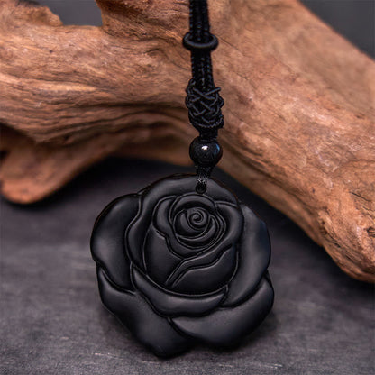 Mythstone Black Obsidian String Black Rose Purification Necklace Pendant