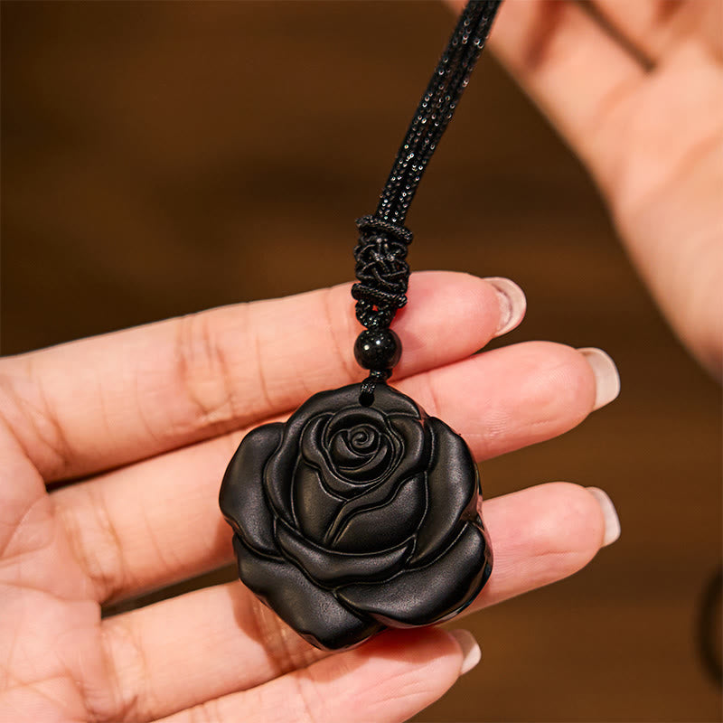 Mythstone Black Obsidian String Black Rose Purification Necklace Pendant