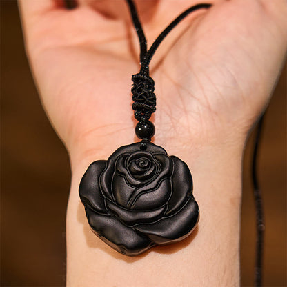 Mythstone Black Obsidian String Black Rose Purification Necklace Pendant