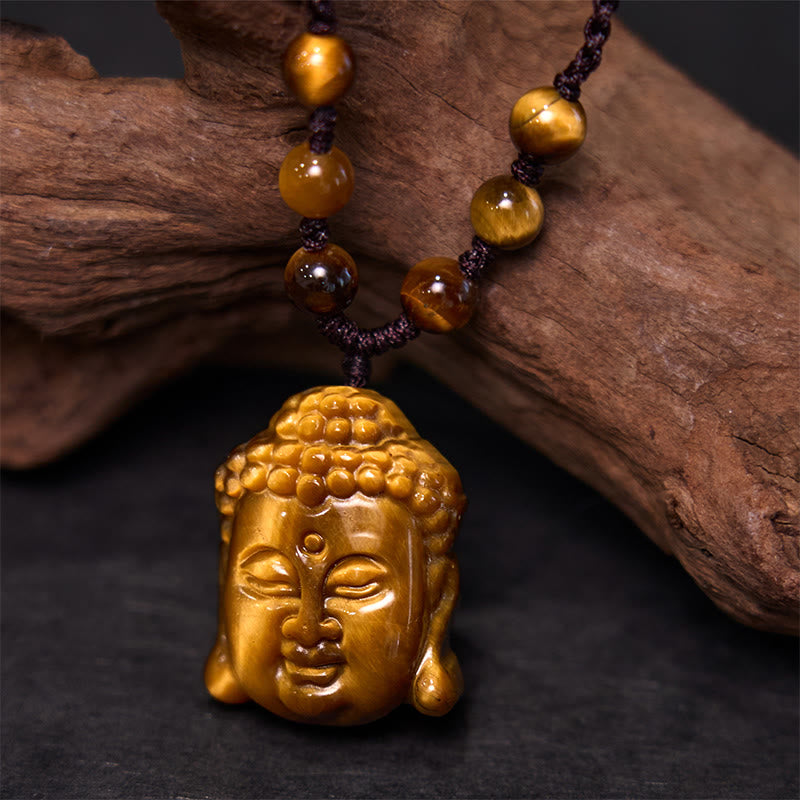 Mythstone Tiger Eye String Buddha Head Courage Necklace Pendant