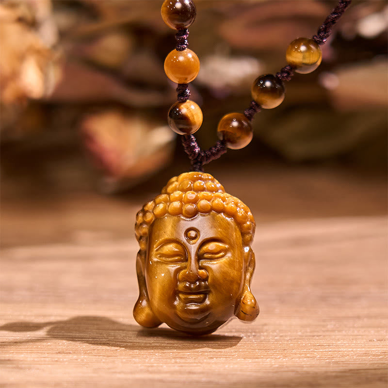 Mythstone Tiger Eye String Buddha Head Courage Necklace Pendant