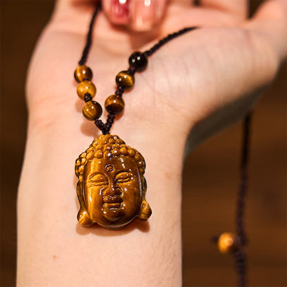 Mythstone Tiger Eye String Buddha Head Courage Necklace Pendant