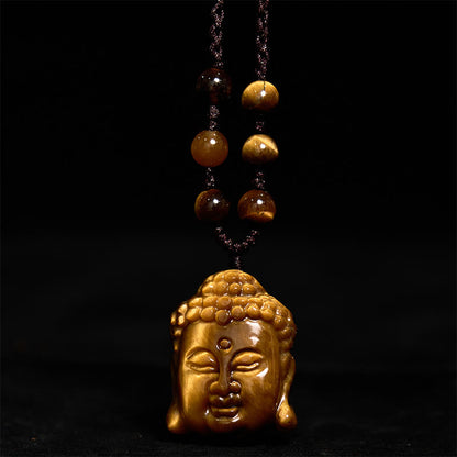 Mythstone Tiger Eye String Buddha Head Courage Necklace Pendant