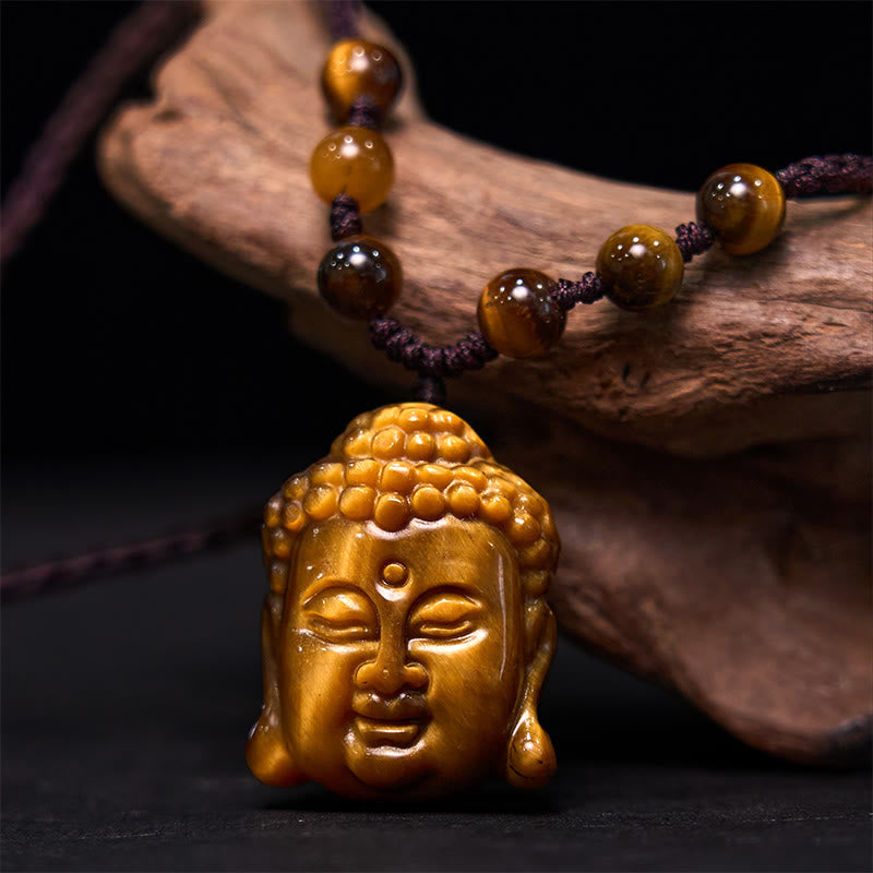 Mythstone Tiger Eye String Buddha Head Courage Necklace Pendant