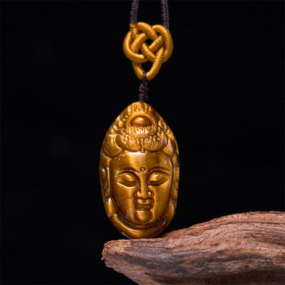 Mythstone Tiger Eye Kwan Yin Avalokitesvara Head String Strength Necklace Pendant