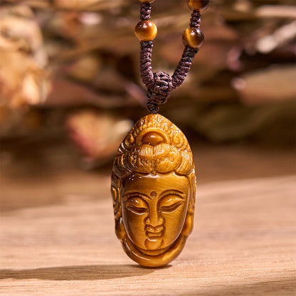 Mythstone Tiger Eye Kwan Yin Avalokitesvara Head String Strength Necklace Pendant