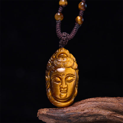 Mythstone Tiger Eye Kwan Yin Avalokitesvara Head String Strength Necklace Pendant