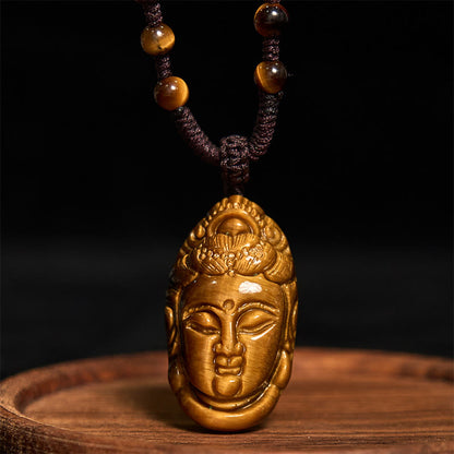 Mythstone Tiger Eye Kwan Yin Avalokitesvara Head String Strength Necklace Pendant