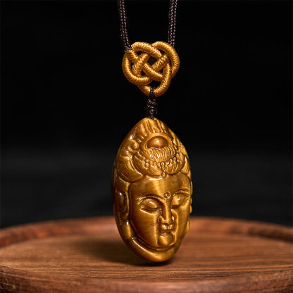 Mythstone Tiger Eye Kwan Yin Avalokitesvara Head String Strength Necklace Pendant