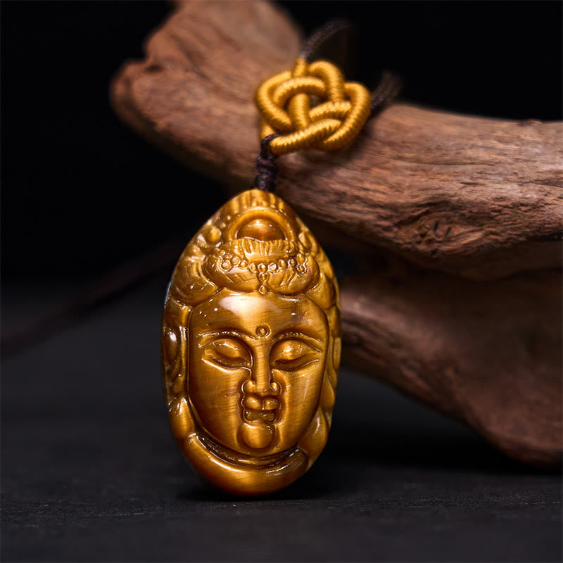 Mythstone Tiger Eye Kwan Yin Avalokitesvara Head String Strength Necklace Pendant