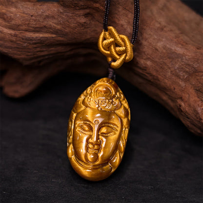 Mythstone Tiger Eye Kwan Yin Avalokitesvara Head String Strength Necklace Pendant