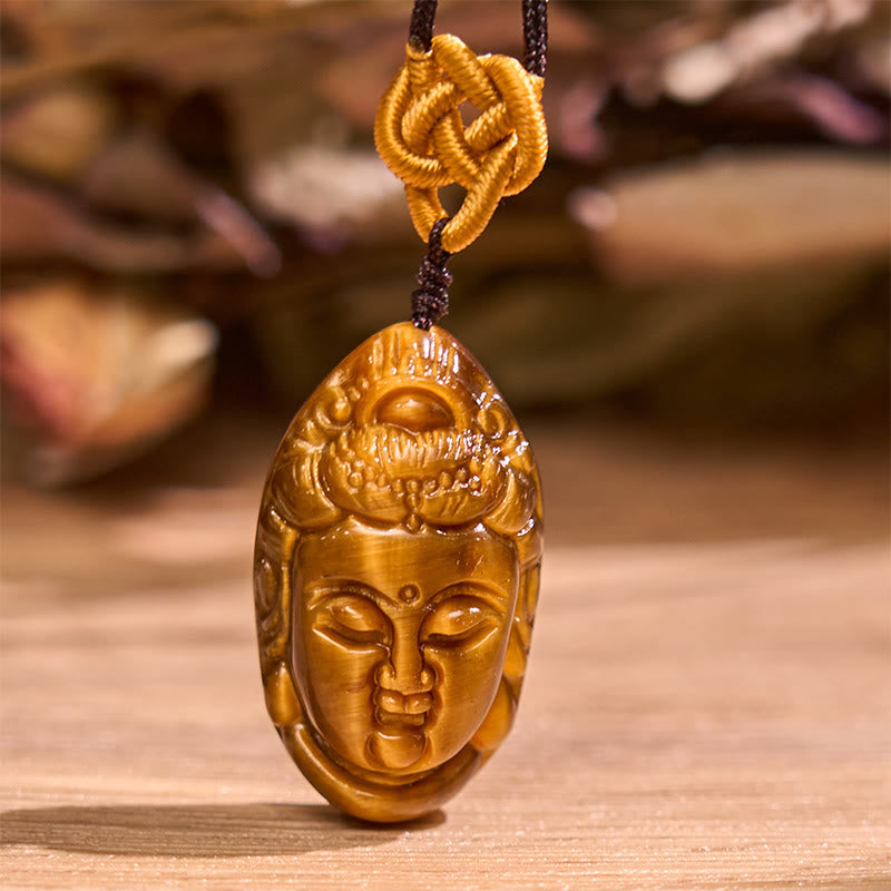 Mythstone Tiger Eye Kwan Yin Avalokitesvara Head String Strength Necklace Pendant