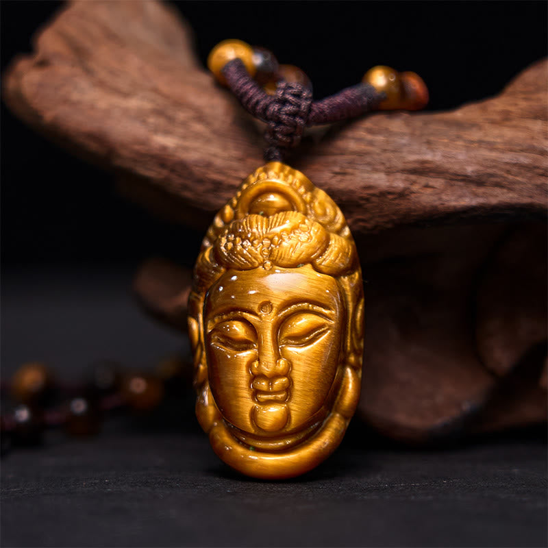 Mythstone Tiger Eye Kwan Yin Avalokitesvara Head String Strength Necklace Pendant