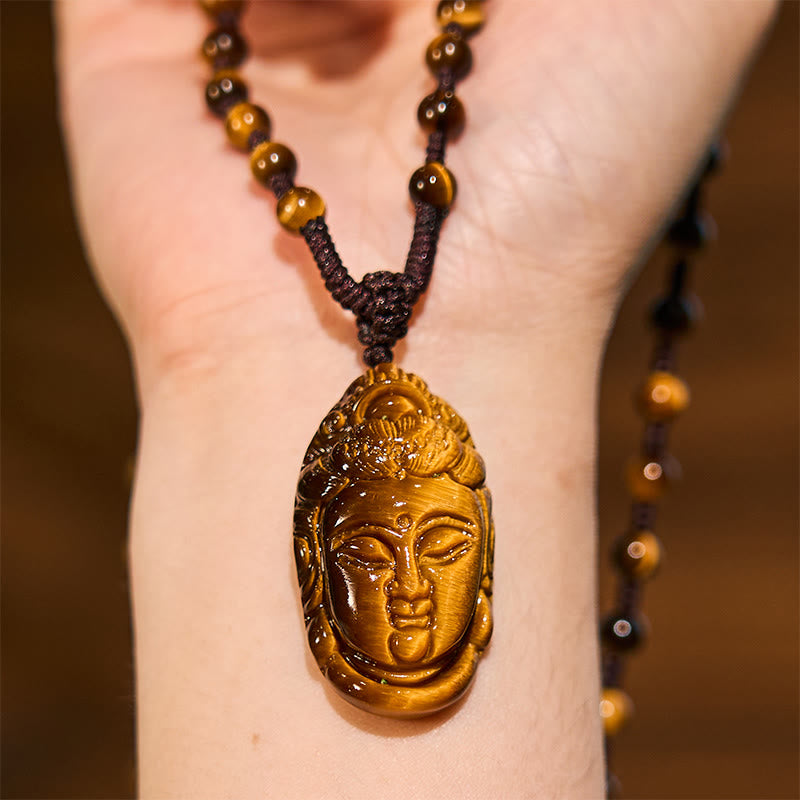 Mythstone Tiger Eye Kwan Yin Avalokitesvara Head String Strength Necklace Pendant