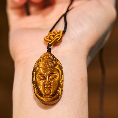 Mythstone Tiger Eye Kwan Yin Avalokitesvara Head String Strength Necklace Pendant