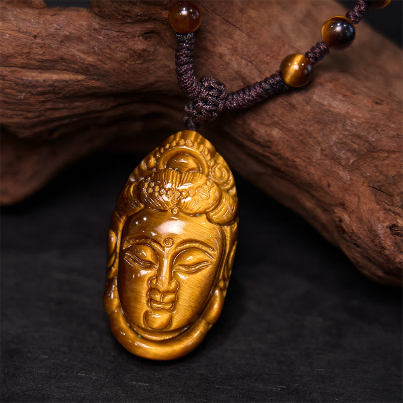 Mythstone Tiger Eye Kwan Yin Avalokitesvara Head String Strength Necklace Pendant