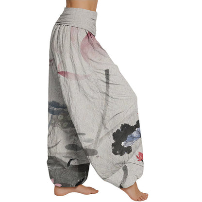 Mythstone Ink Lotus Flowers Leaves Koi Fish Pattern Women's Elastic Waist Harem Pants